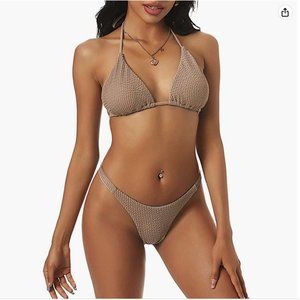 ZAFUL Women's Dot Print High Cut Cross Triangle Bikini Set in Light Coffee NWOT